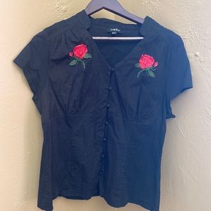 Black & Red Rose Button Up Sheen Blouse